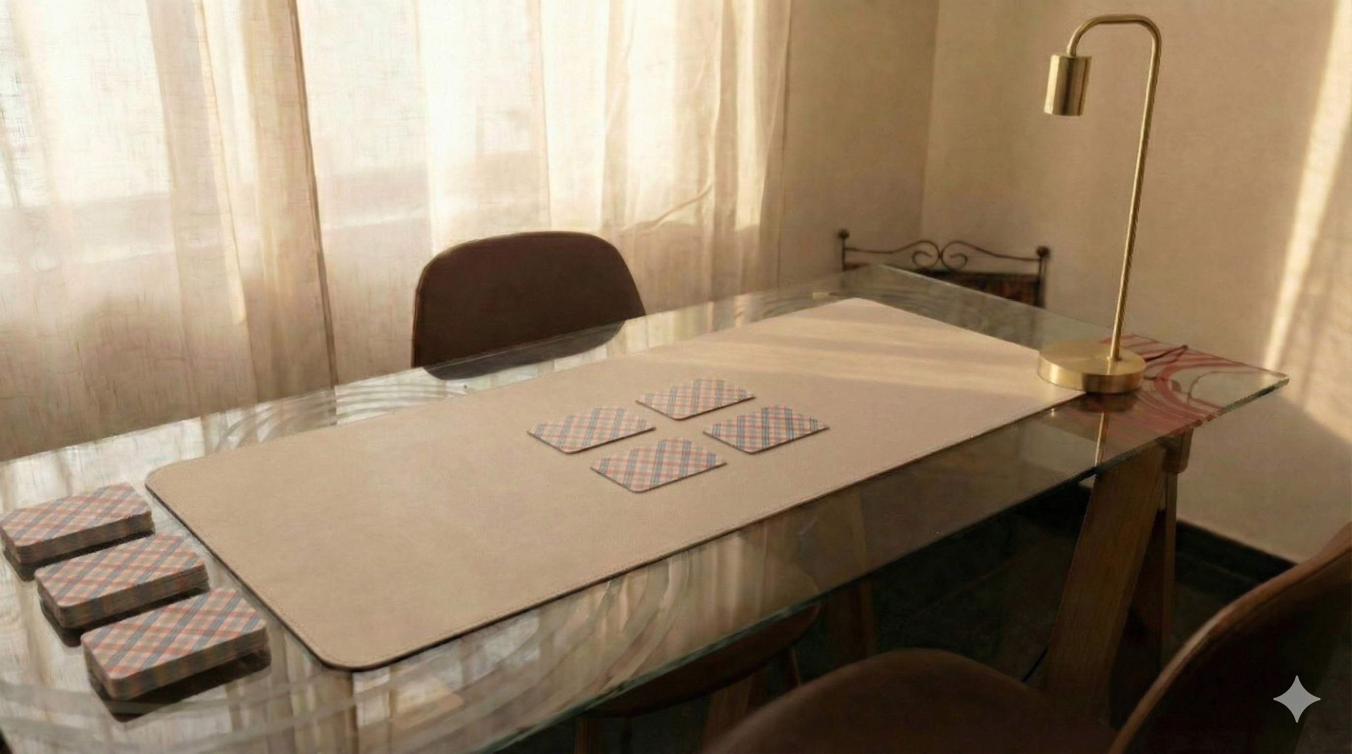 Tirage de cartes sur table épurée avec lumière naturelle